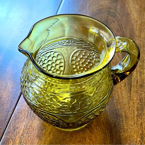 Vintage Avalos Mexican Handblown Floral & Fruit Small Amber/Green Glass Pitcher - Picture 3 of 16